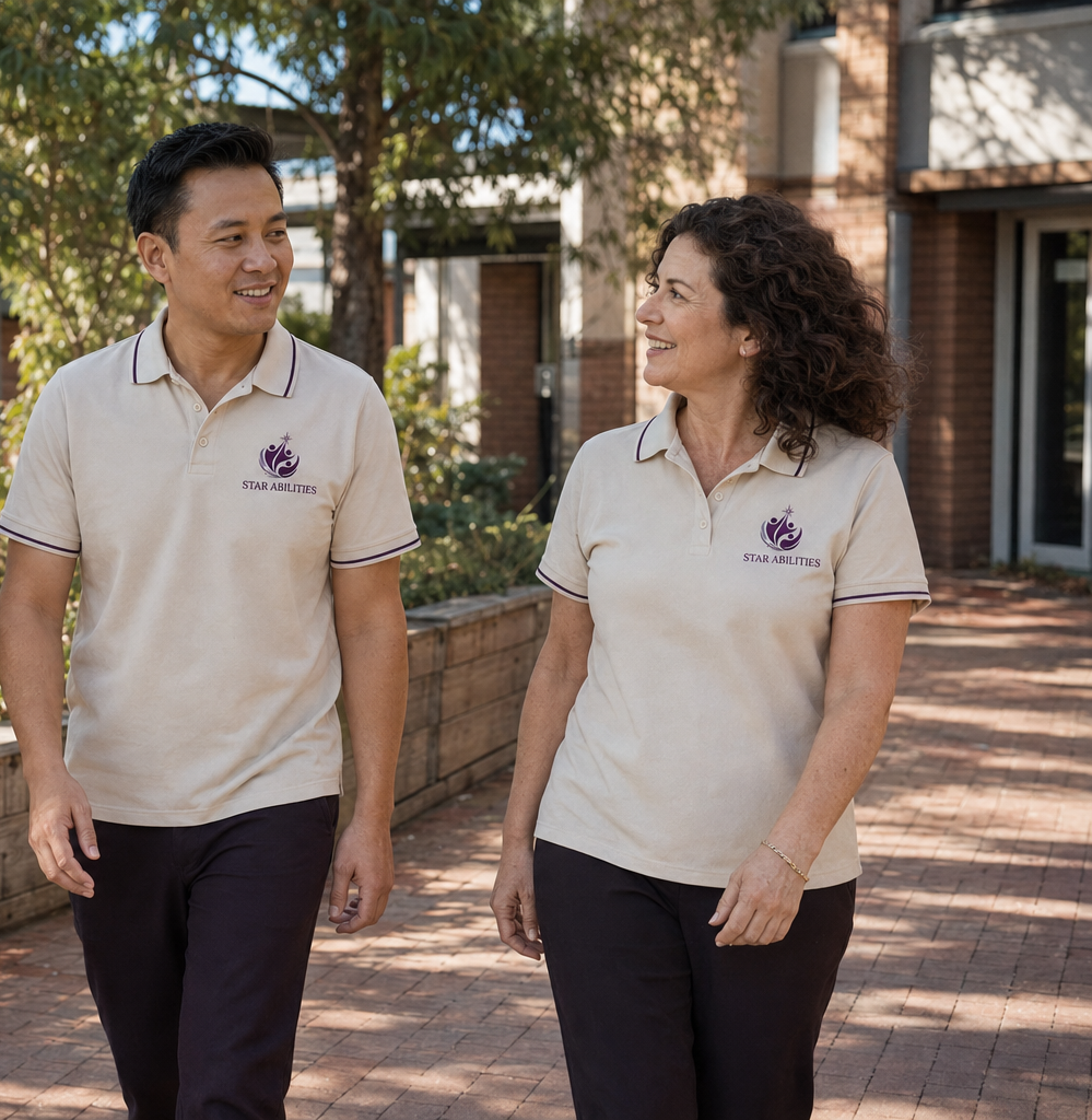 Two Star Abilities support workers walking together outside