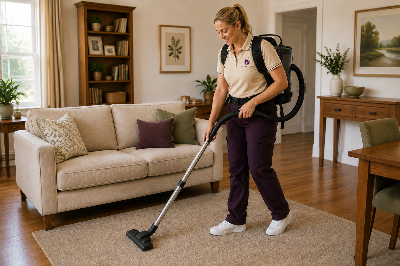 A Star Abilities support worker vacuuming a client's living room