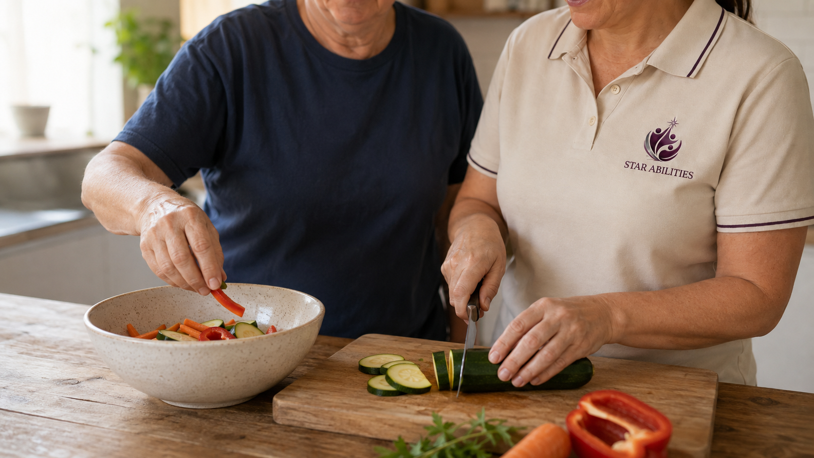 A support worker and client preparing fresh vegetables together in a kitchen