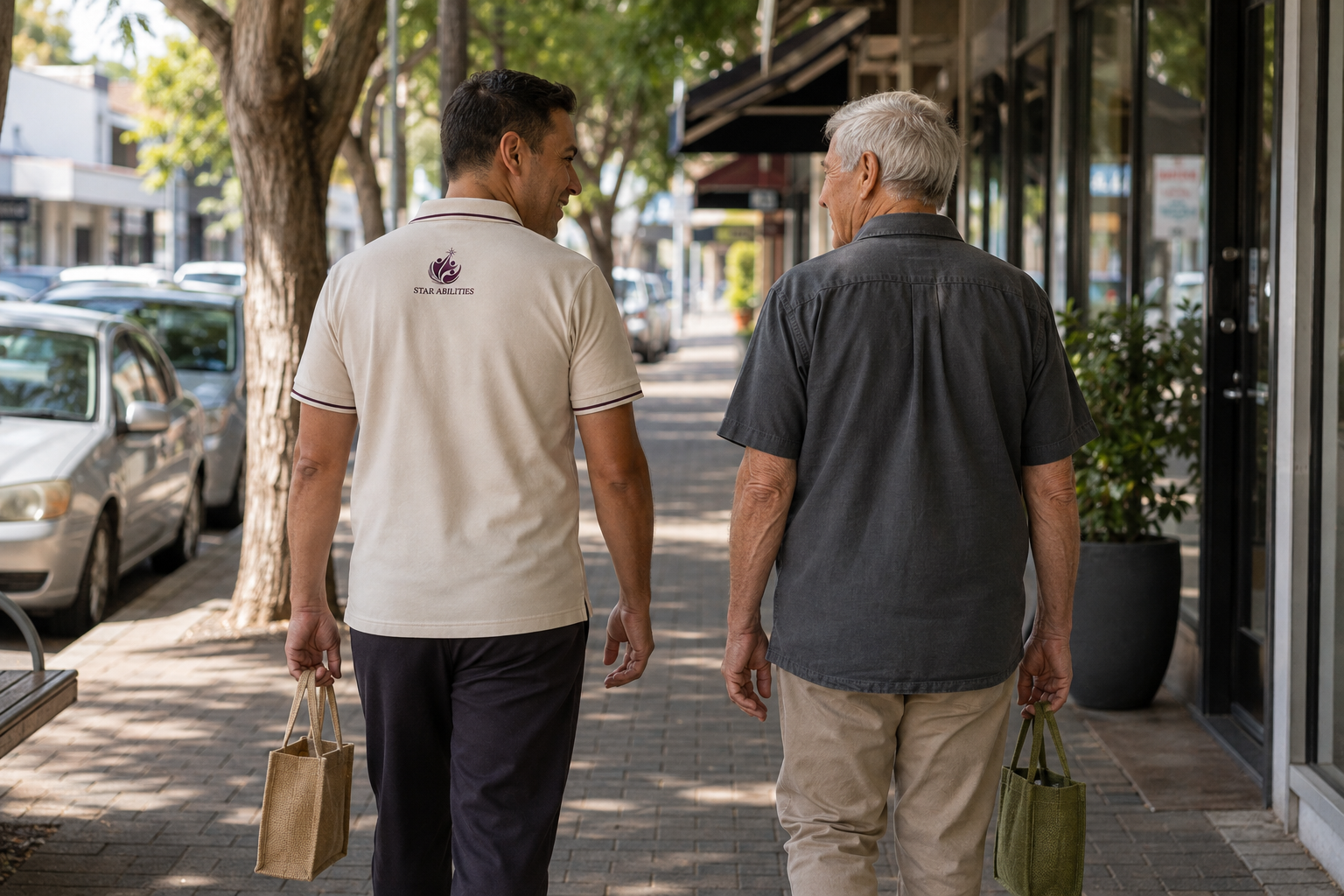 A Star Abilities support worker walking home from the shops alongside a client