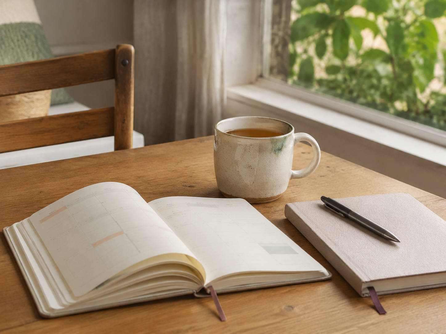 An open notebook, a pen and a cup of tea on a wooden table